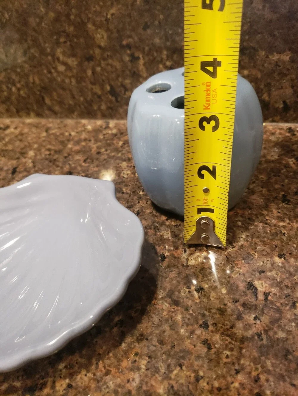 Blue Ceramic Bath Set Of 2 - Shell Soap Dish & Toothbrush Holder
